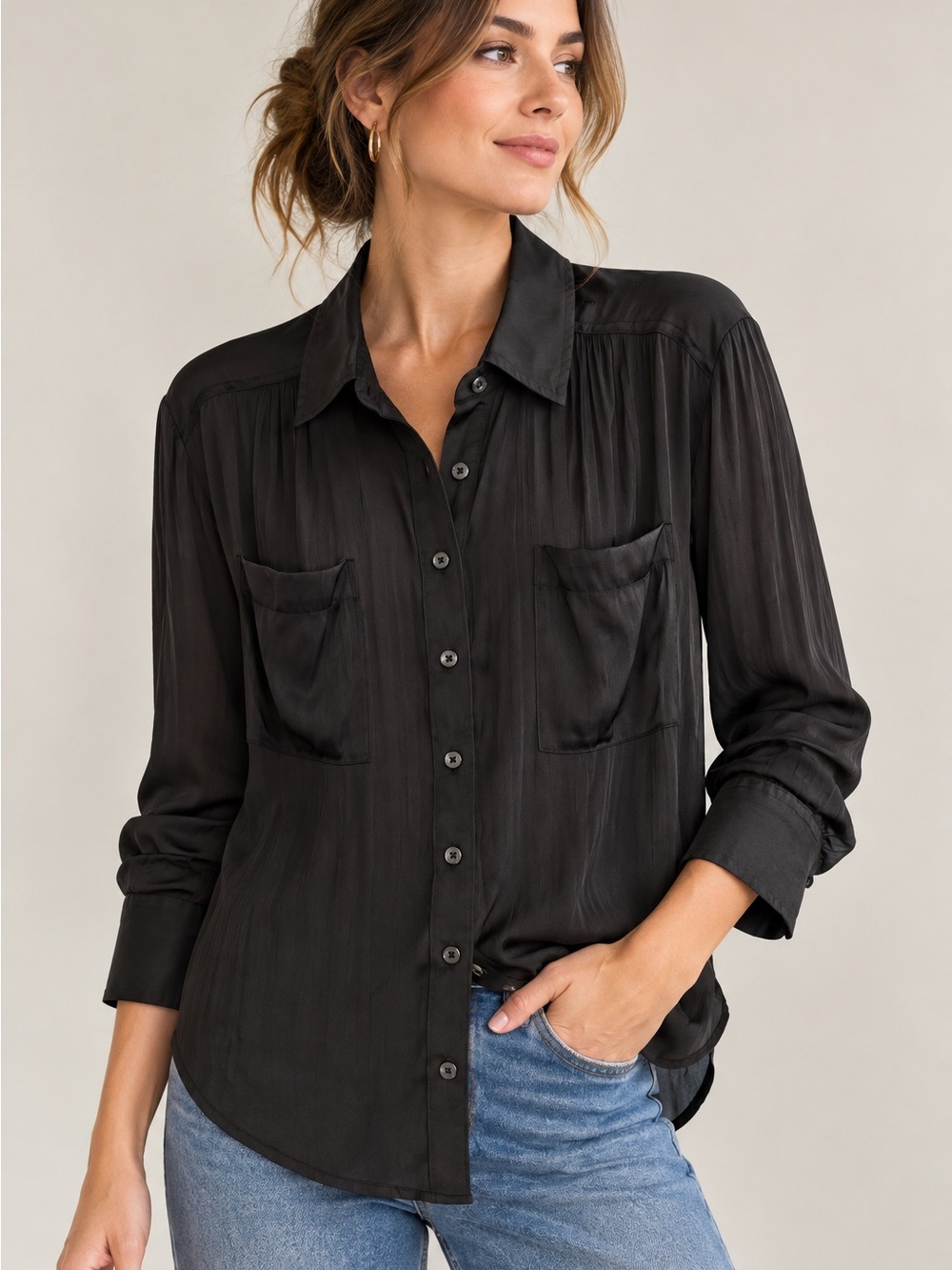 By Anthropologie Black Pleated Button Front Blouse Utility Pockets Size L